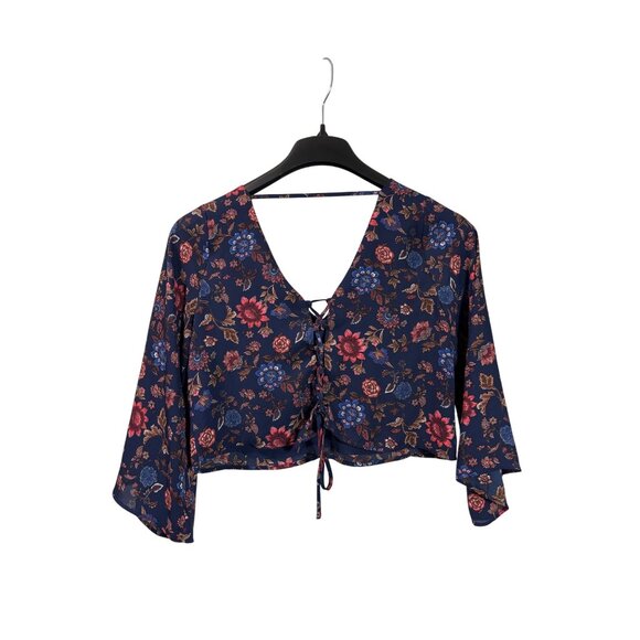 Forever 21 Floral Navy Blue Multicolor Crop Top Bell Sleeve Lace Up Back Size S - Picture 2 of 5